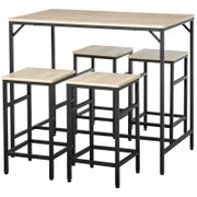 Set Tavolo da Bar Industriale e 4 Sgabelli con Poggiapiedi, in Legno Colore Rovere Chiaro e Telaio in Metallo Nero