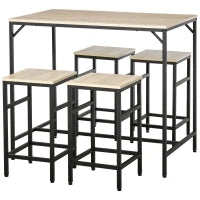Set Tavolo da Bar Industriale e 4 Sgabelli con Poggiapiedi, in Legno Colore Rovere Chiaro e Telaio in Metallo Nero