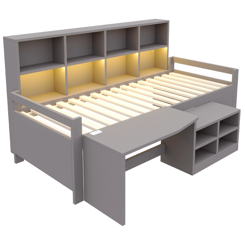 Letto a soppalco per bambini 90 × 200 cm con scrivania, vani portaoggetti, LED, USB e presa, senza materasso