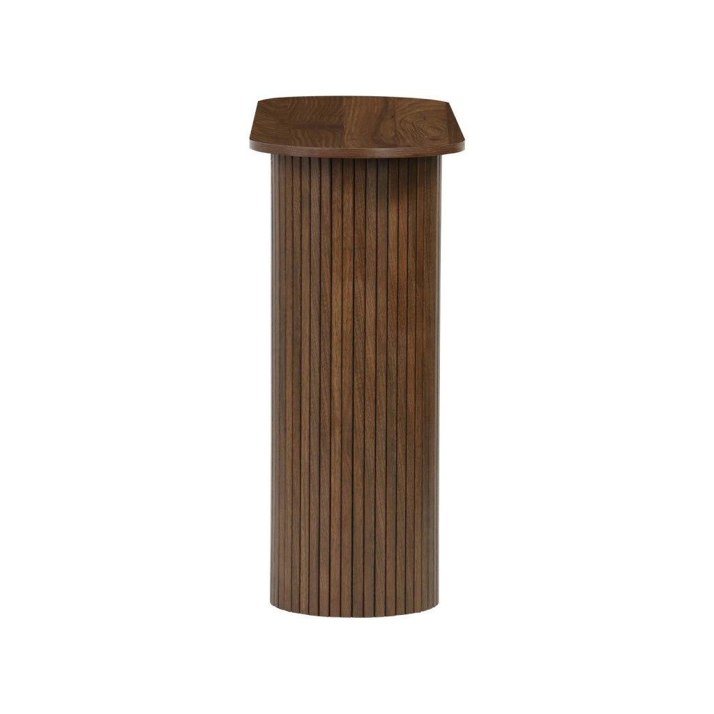 Consolle ovale scandinava con effetto legno scanalato, 120cm, noce