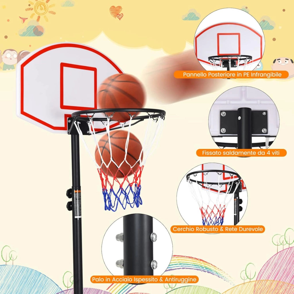 Canestro da Basket da Esterno Regolabile 178 e 208 cm, Canestro da Basket per Bambini con Ruote e Base Riempibile, Ideale per Interno ed Esterno