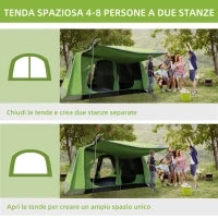 Tenda da Campeggio a Tunnel per 4-8 Persone con 2 Stanze, Tenda Campeggio Familiare Impermeabile 3000mm con Porta, Finestre Laterali e Tasche, 405x305x225cm, Verde