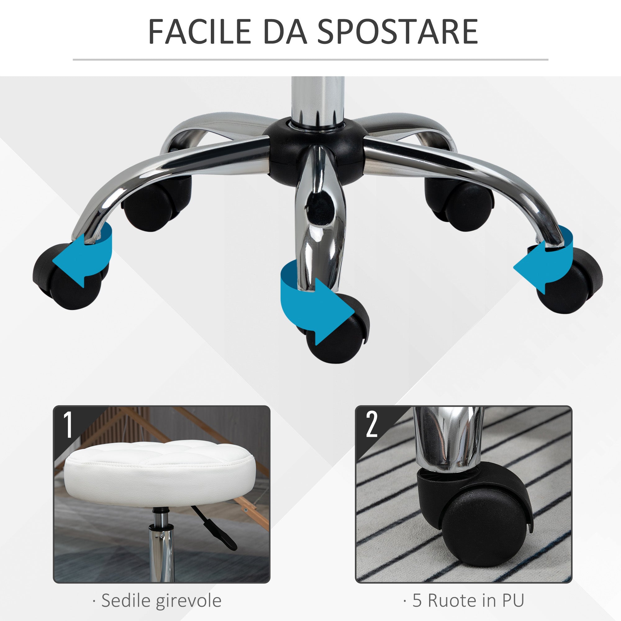 Sgabello Girevole Rotondo con Ruote Ø35,5x51-67 cm Altezza Regolabile in Similpelle Bianco