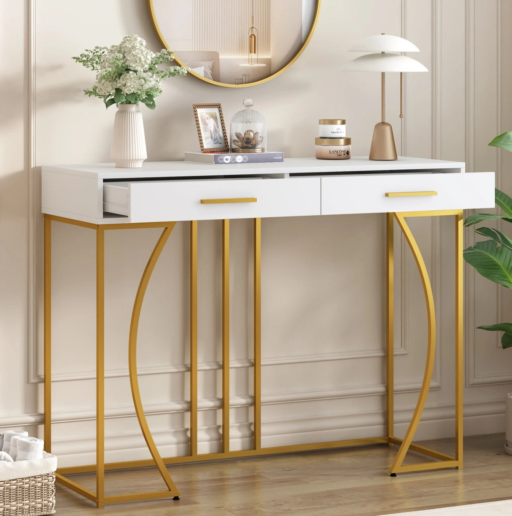 Tavolo consolle bianco e oro con 2 cassetti, metallo e piano in MDF, 110x32x85 cm