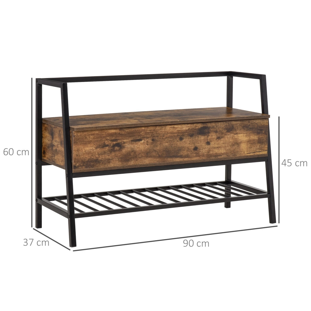 EasyComfort Mobile Scarpiera in Stile Industriale con Vano, Panca Scarpiera Vintage Salvaspazio in Legno e Metallo, Marrone Rustico, 90x37x60cm