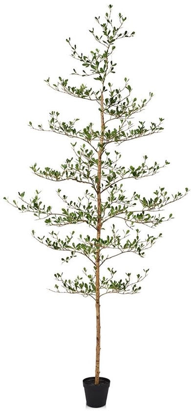 Decorazione per balconi in pianta artificiale 210 cm alta con 495 foglie UV-resistenti, stelo in legno naturale e braccio flessibile.