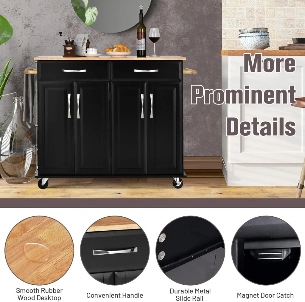 Carrello da cucina con piano di lavoro in legno di gomma con 2 armadi e ripiani regolabili, 2 cassetti grandi, portasciugamani laterali, armadio con ruote, 122 x 48 x 92,5 cm (nero)