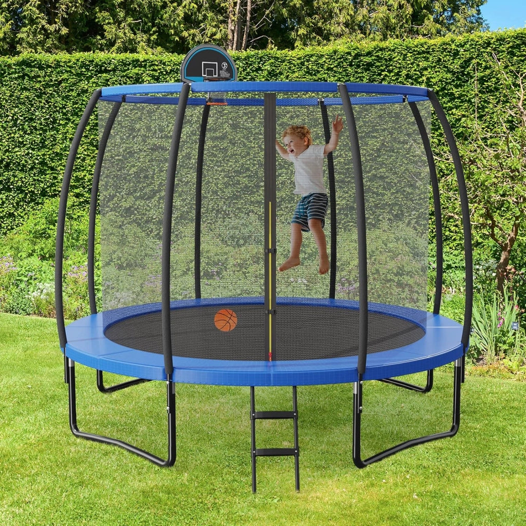 Trampolino da giardino rotondo con rete di sicurezza e copertura per bordi per bambini e adulti, blu + nero