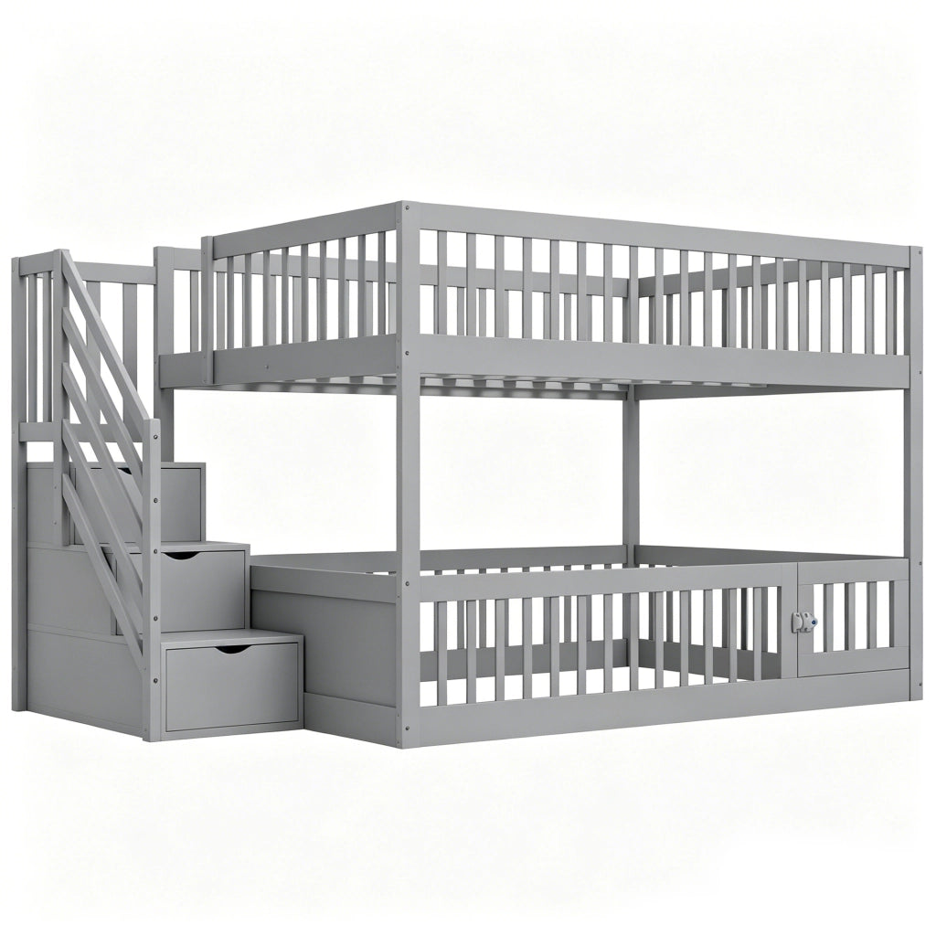 Letto a castello 140 × 200 cm con scala con cassetti e sportello inferiore, senza materasso, in legno massiccio, grigio