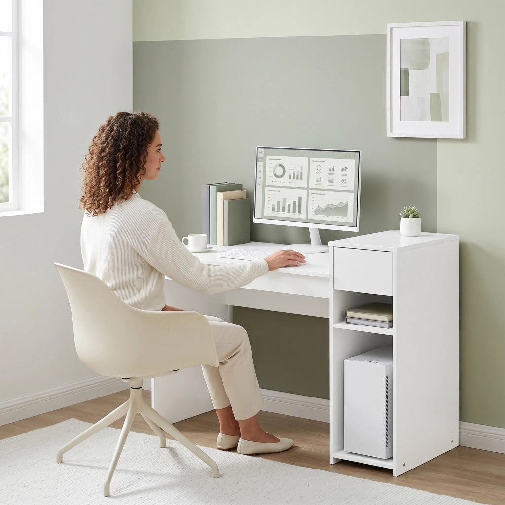 Scrivania per computer con cassetto e ripiano ¨C Xylo ¨C legno bianco 108x50x82 cm