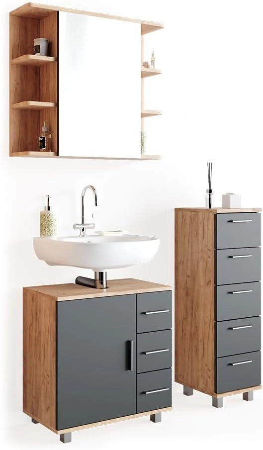 Set mobili bagno Ilias, Rovere, 60 cm, composto da mobile sottolavabo, specchiera e mobile medio