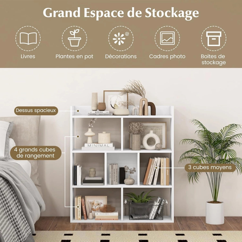 Libreria, scaffale con 7 cubi, divisorio con protezioni antiribaltamento, mensola cubo per camera da letto, ufficio, soggiorno, 80 x 20 x 90 cm (bianco)