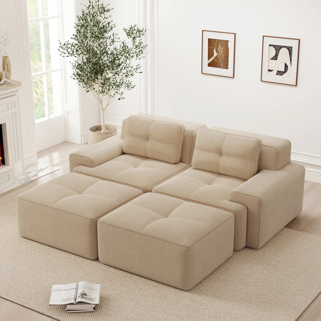 Divano modulare con seduta profonda e base antiscivolo in corduroy beige 204×177×69 cm