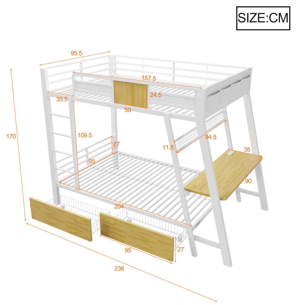 Letto a soppalco 90 × 200 cm con scrivania, prese USB e Type-C, LED e contenitori, senza materasso, metallo bianco