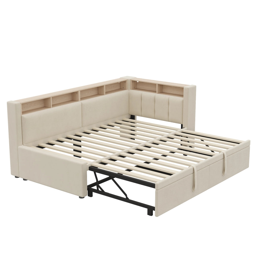 Letto singolo estraibile 90x200 cm in lino e MDF; beige; con LED e testiera contenitore