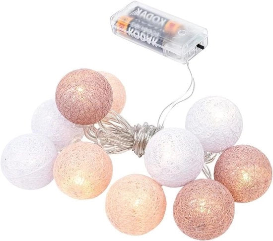 Lanterna a catenella con 10 led - Funziona con batterie - 10 palline di cotone in 3 colori - Incluso timer (bianco, rosa chiaro, arancia)