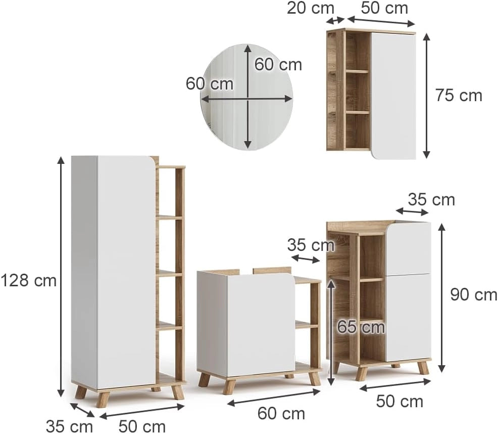 Set di mobili da bagno Karen, Sonoma/Bianco, 60 cm, composto da mobile lavabo, specchiera, armadietto, colonna e pensile