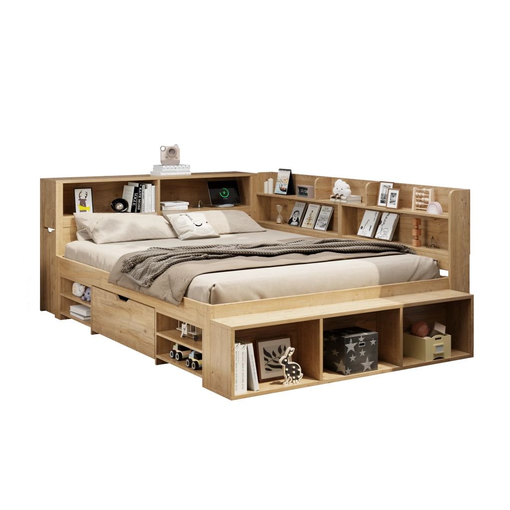 Letto Singolo 140x200 cm con Cassetti; Mensole e Contenitori - in Multistrato - Naturale