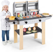 Set di Gioco per Barbecue in Legno per Bambini, Gioco di Griglia per Bambini con 2 Grill, Coperchi Ribaltabili, Ricchi Accessori e Cibi Giocattolo, per Bambini 3+ Anni