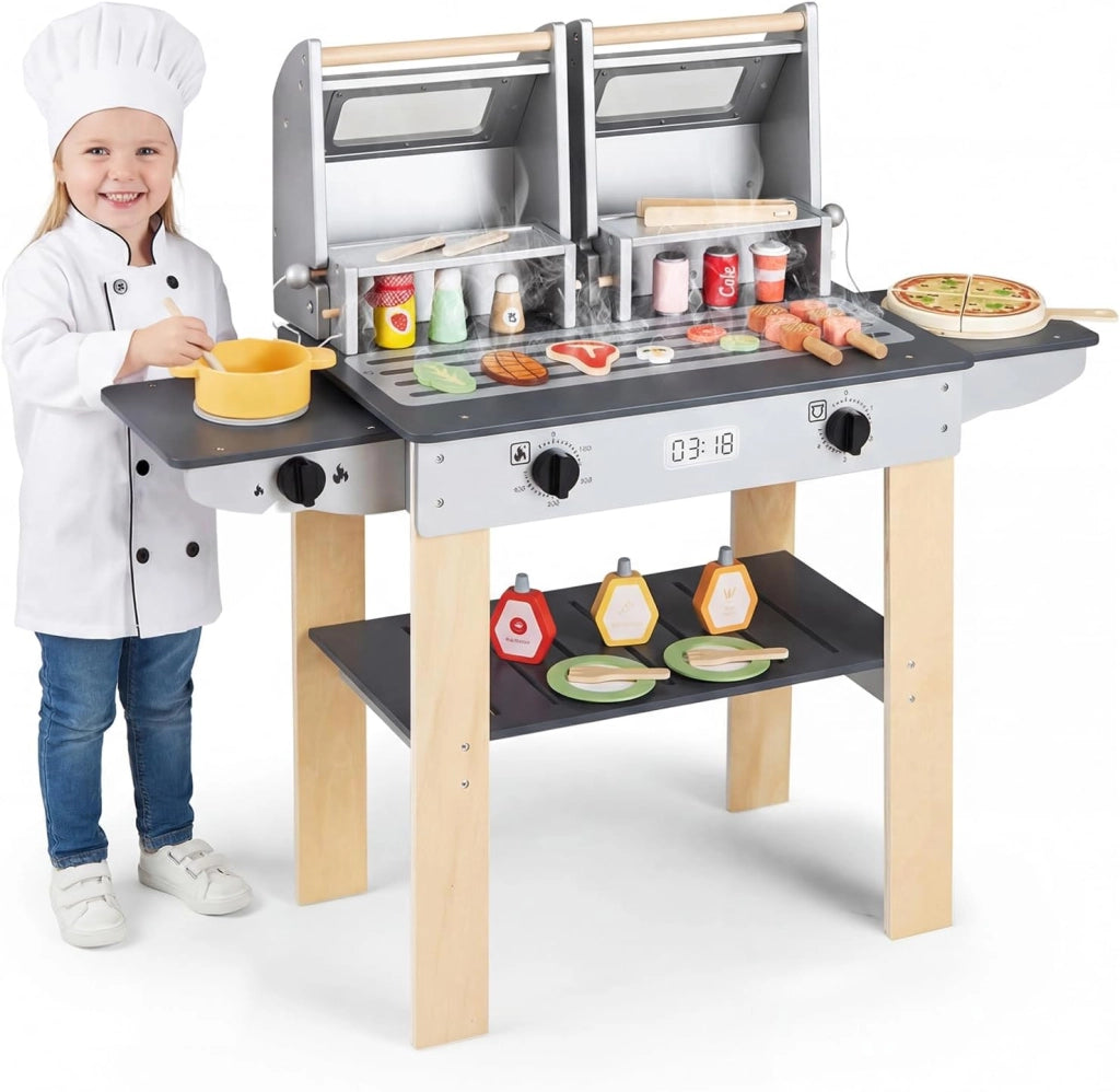 Set di Gioco per Barbecue in Legno per Bambini, Gioco di Griglia per Bambini con 2 Grill, Coperchi Ribaltabili, Ricchi Accessori e Cibi Giocattolo, per Bambini 3+ Anni