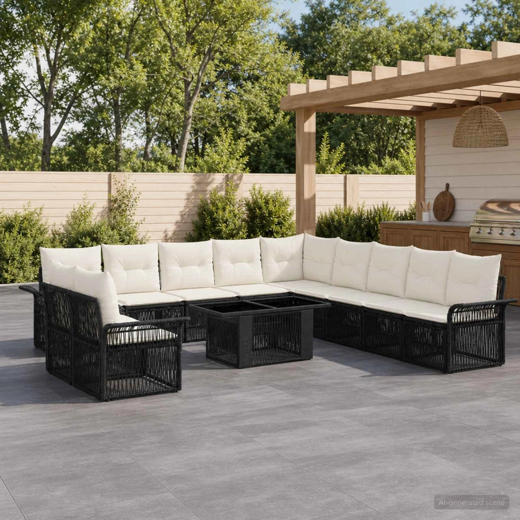 Set Divano da Giardino 12 pz Nero e Bianco Crema polyrattan 3436663