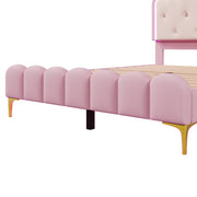 Letto matrimoniale 140×200 cm a forma di corona con LED e piedini in metallo; rete inclusa; senza materasso; PU; rosa