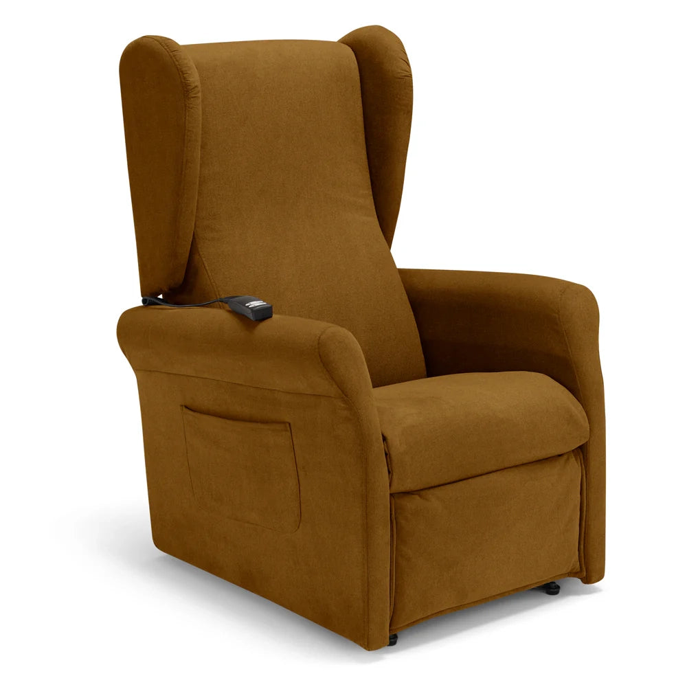 Poltrona relax elettrica PISA MADE IN ITALY per anziani e disabili, 2 motori, 4 ruote, reclinazione e alzapersona, Tessuto Antimacchia, colore Mango