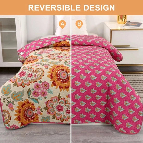 Bedsprei 140x200, 100% cotone, stile boho, colorato, omkeerbare deken per una persona, con disegno zinnia.
