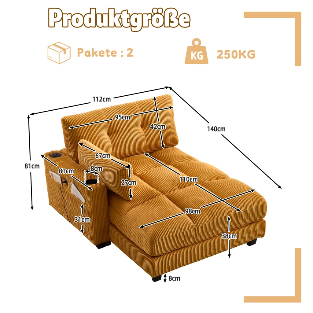 Poltrona Relax con Portabicchieri; Tasca Laterale e Porta USB; in Velluto a Coste Giallo Senape 140 × 112 × 81 cm