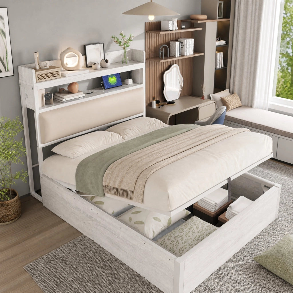 LETTO 90x200 cm con contenitore, USB, testiera imbottita, bianco