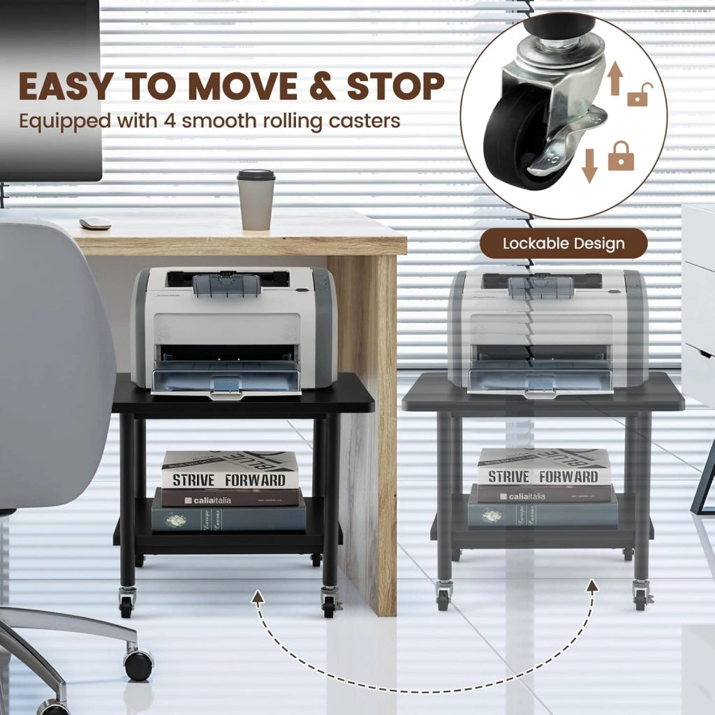 Carrello Stampante con 2 Ripiani, Mobile Ripiano per Stampante, Supporto per Stampant Girevole, Scaffale a 2 Livelli, Portaoggetti con Ruote, 3 Colori (Nero)