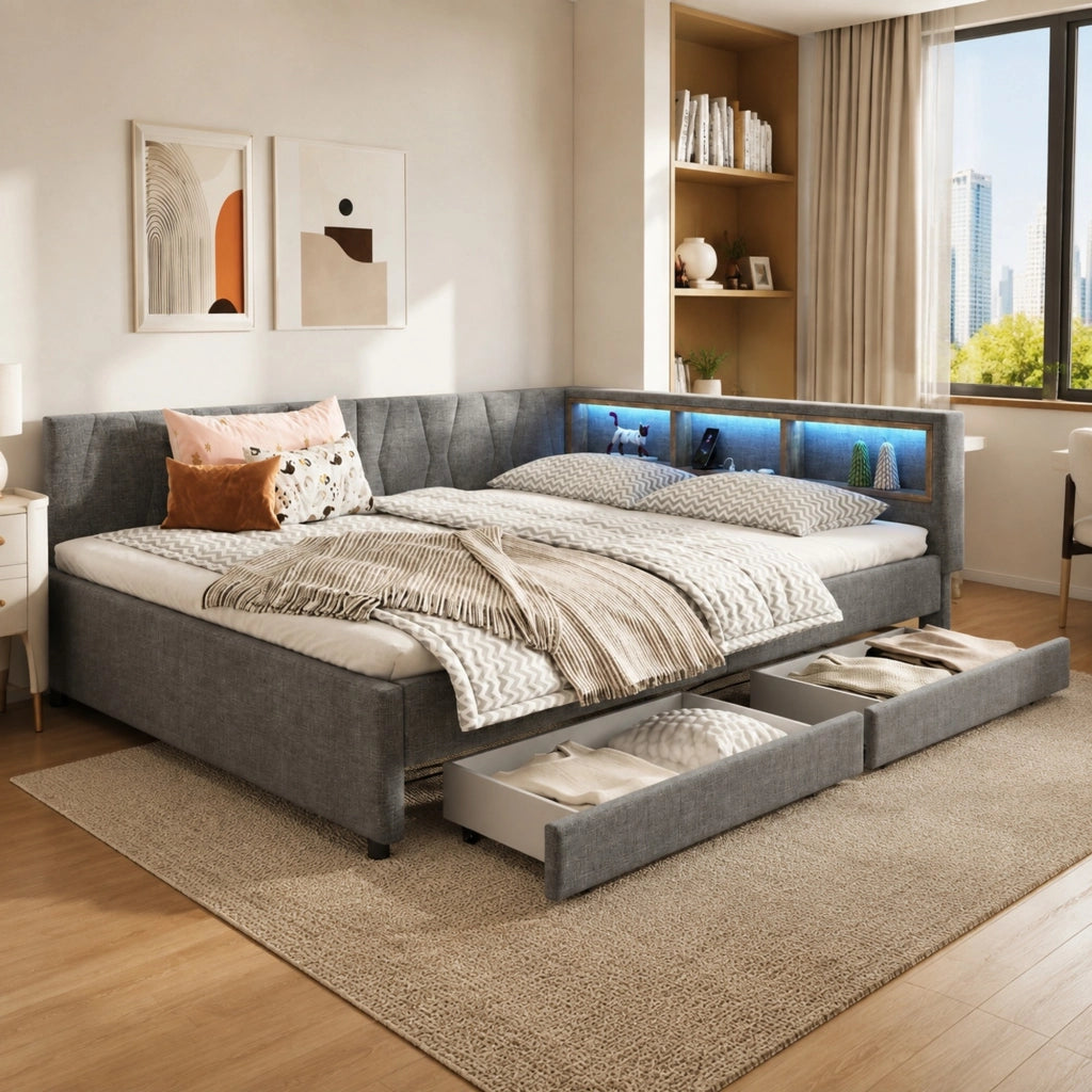 LETTO 140x200 cm in lino grigio con LED, USB e 2 cassetti