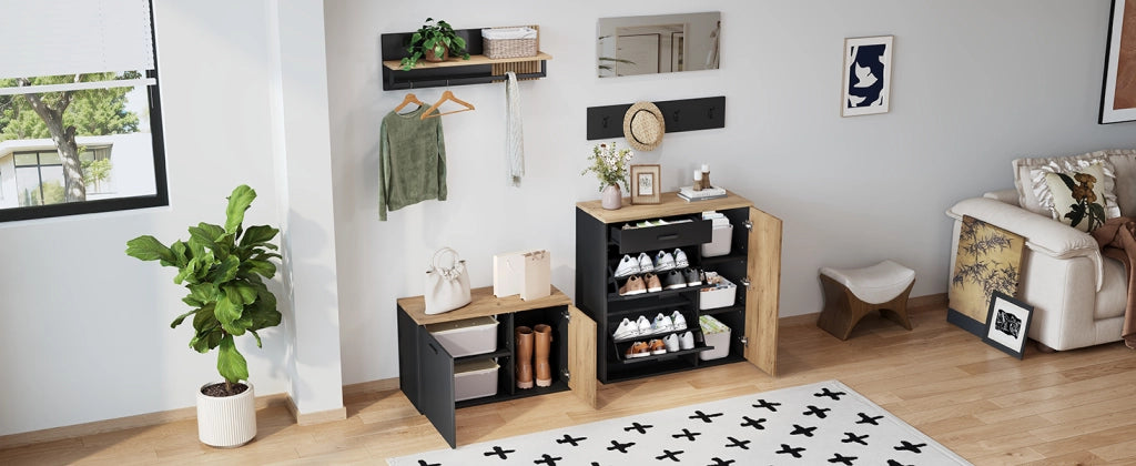 Set da ingresso 5 pezzi con specchio; 2 armadietti; 4 ganci e mensola; truciolato; nero e legno