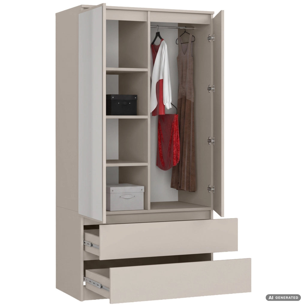 Armadio S90 con specchio integrato Cashmere 90 cm 2 ante 2 cassetti 4 ripiani 90x51x180 cm