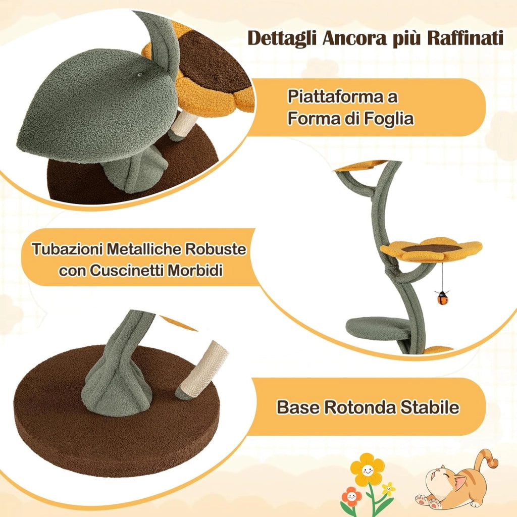 Albero per Gatti, Tiragraffi per Gatti a Forma di Girasole con 4 Piattaforme a Forma di Fiore, Pali Tiragraffi, Base Rotonda Ampia, Piattaforma Imbottita e Pallina Sospesa, Mobili Arrampicata