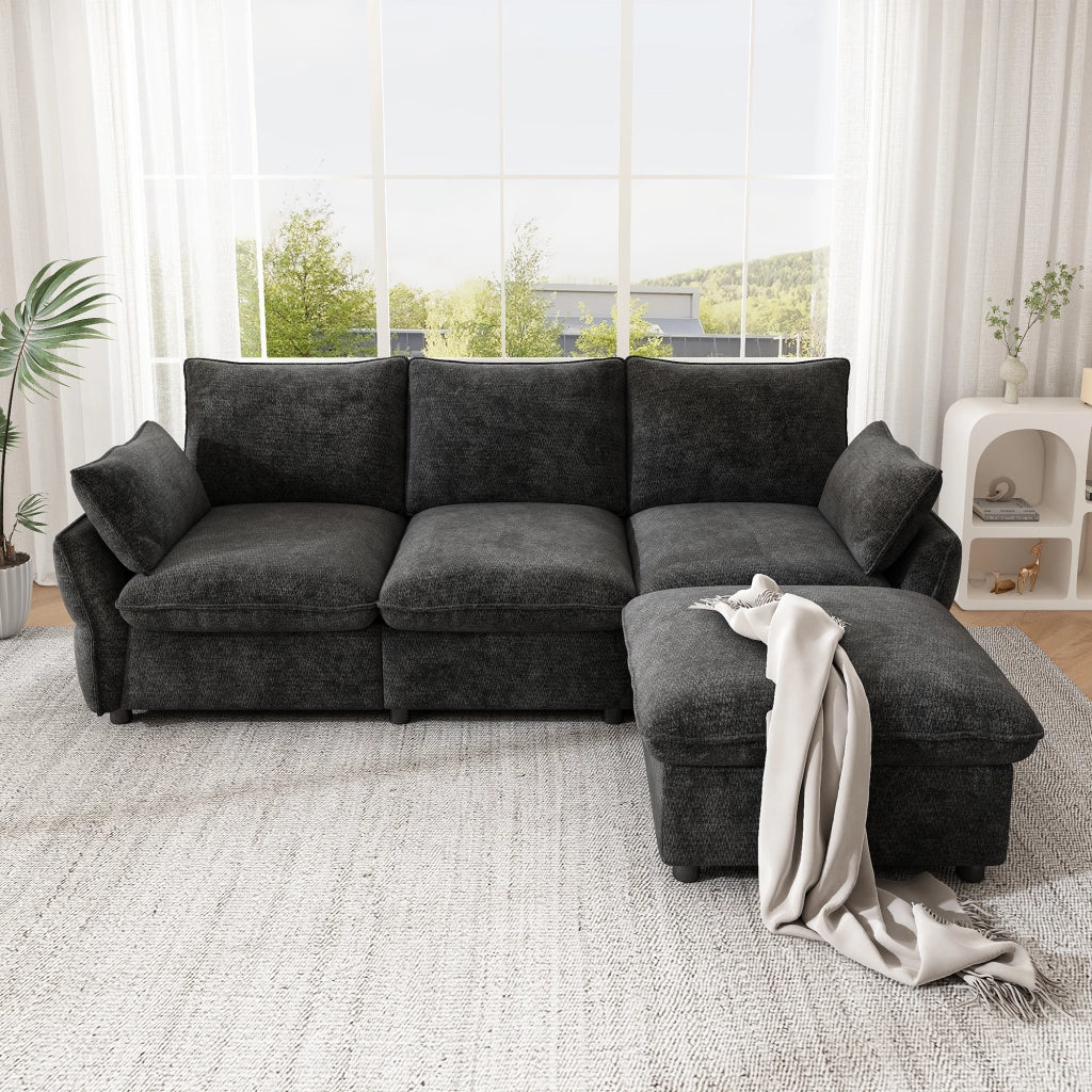 Divano angolare in chenille con pouf e 2 cuscini, seduta confortevole, design moderno, grigio scuro