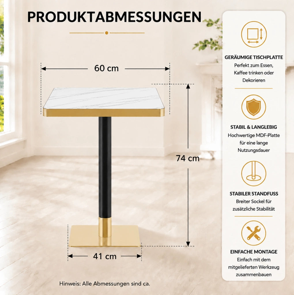 Tavolo quadrato da pranzo 60x60 cm in MDF effetto marmo bianco con gambe in metallo