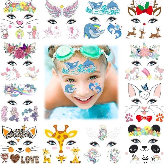 12 stili di tatuaggi temporanei per il viso, animali unicorni carini, adesivi per tatuaggi per bambini, accessori per feste, per ragazzi e ragazze.