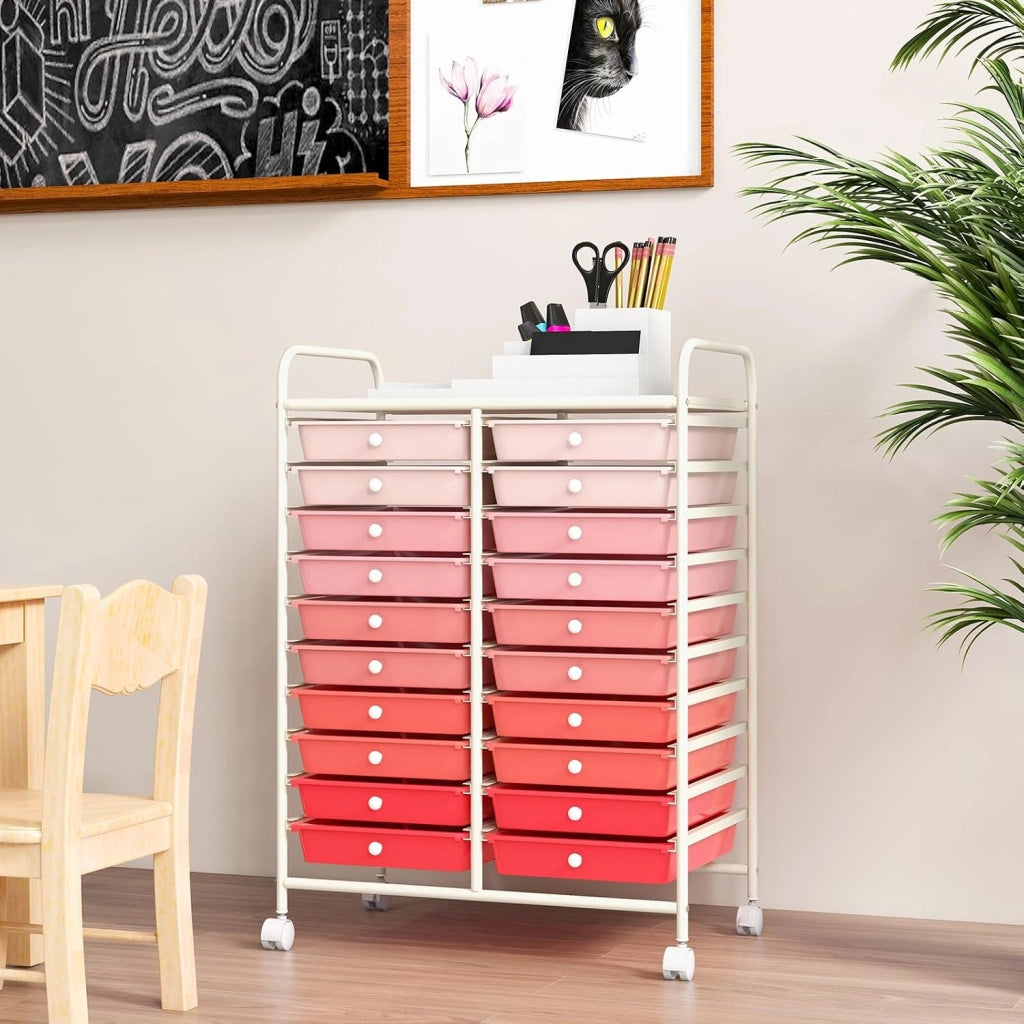 Carrello di Stoccaggio con 20 Cassetti, Carrello portaoggetti con 4 Ruote, Carrello Multiuso per Scuola Ufficio Cucina, 64 x 39 x 88 cm (Rosa)