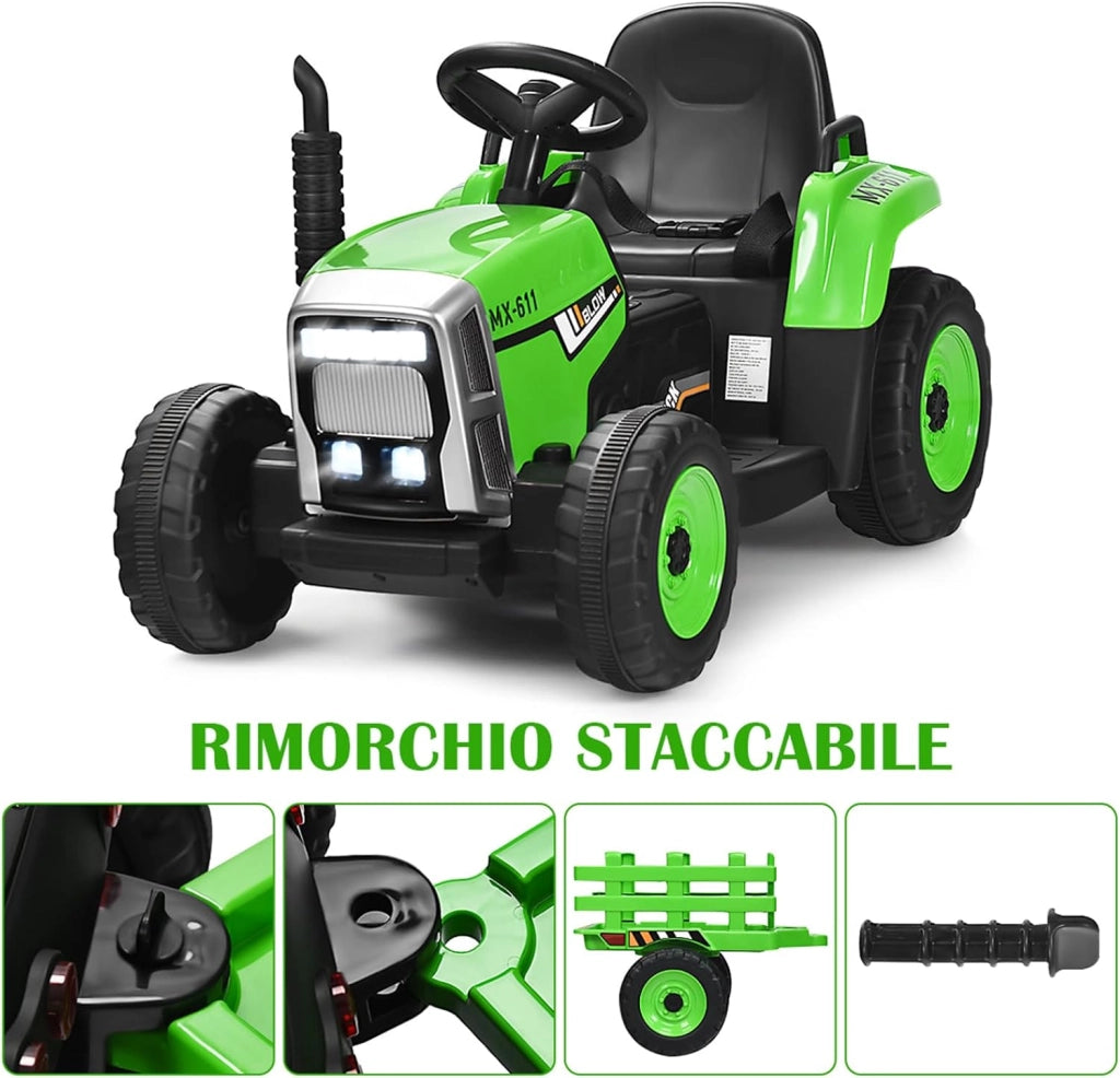 Trattore con Rimorchio Cavalcabile per Bambini 12V, Trattore Elettrico Telecomandato, con Luci e Suoni, 30kg, 3+ Anni (Verde)