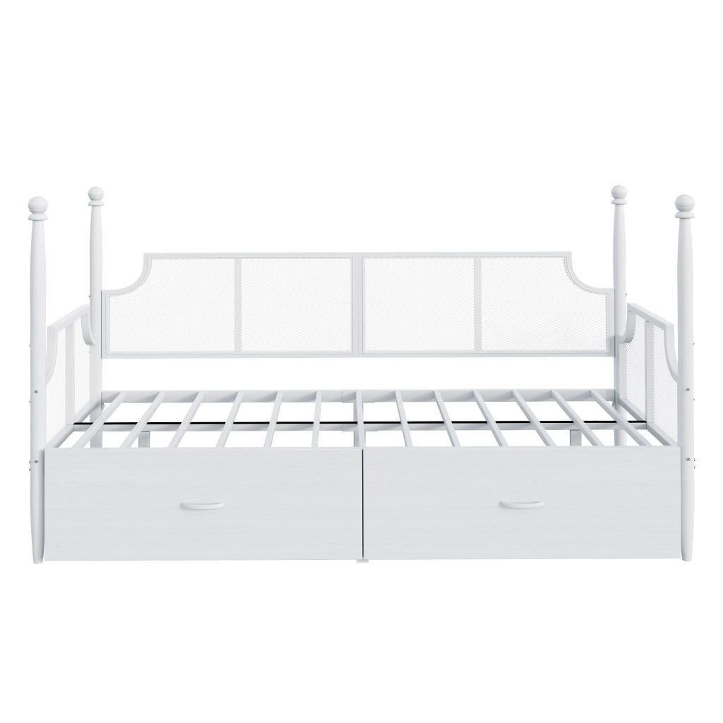 Letto singolo 90×200 cm con cassetti; testiera e braccioli vintage; senza materasso; metallo; bianco