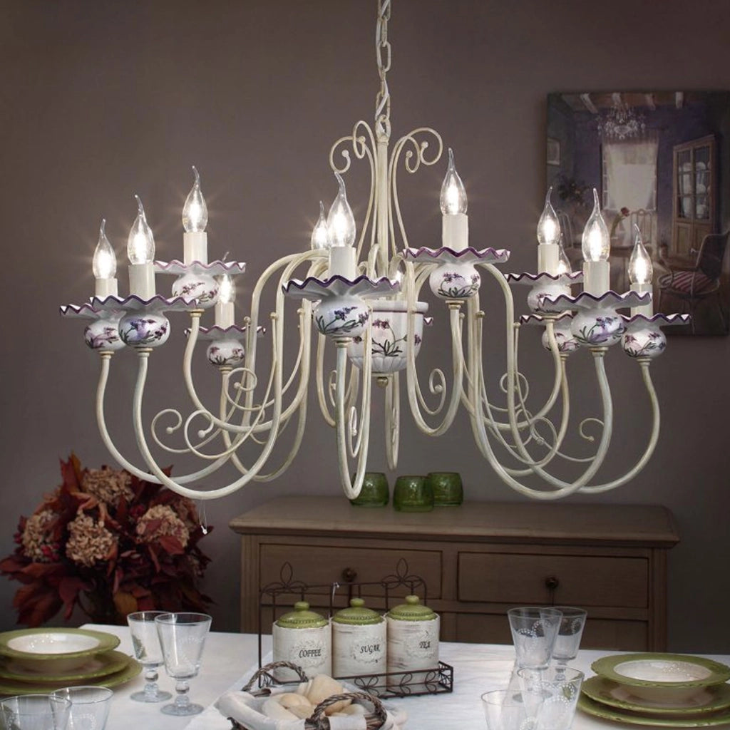 Lampadario Classico Sanremo Metallo E Ceramica Bianco Sfumato Oro 12 Luci E14