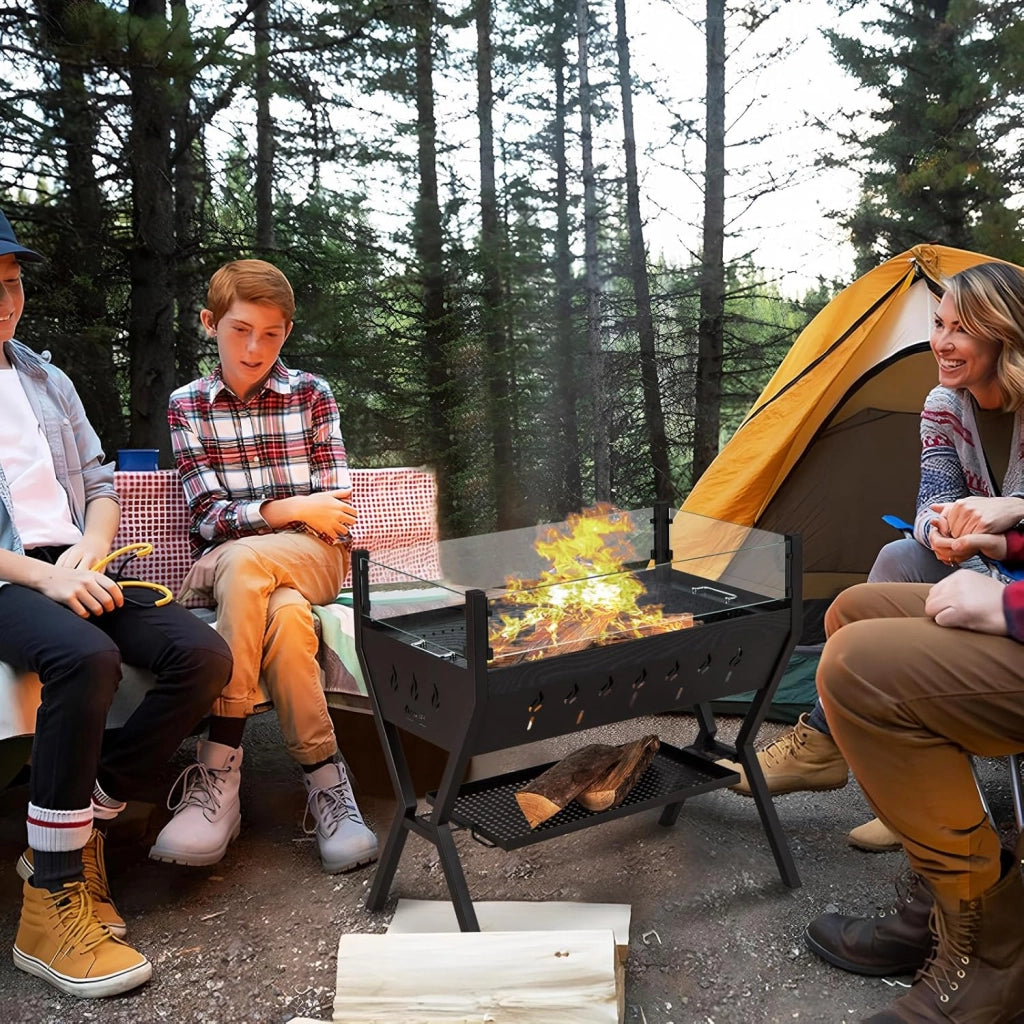 Barbecue a Carbone da Legno, con Parabrezza e Portaspezie, Griglia per Barbecue in metallo, Barbecue da campeggio con Coppia di guanti, Barbecue Esterno 3 in 1, 98 x 70 x 68 cm, Nero