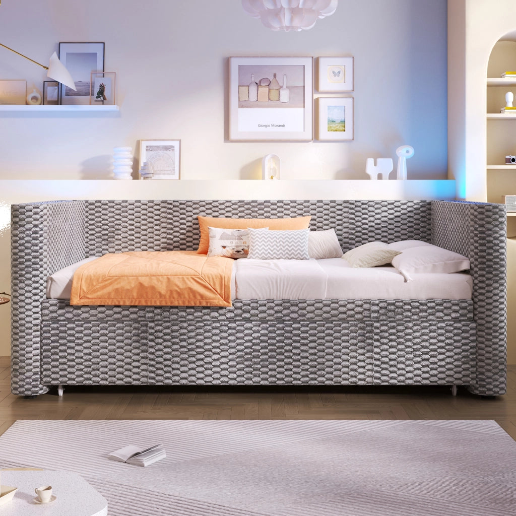 OKWISH Letto Estraibile 90×200 cm, Letto Singolo con LED Multicolore, si trasforma in 180×200 cm, senza Materasso, in Velluto, Grigio