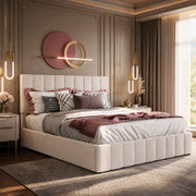 Letto matrimoniale imbottito 140x200 cm con contenitore idraulico; velluto crema