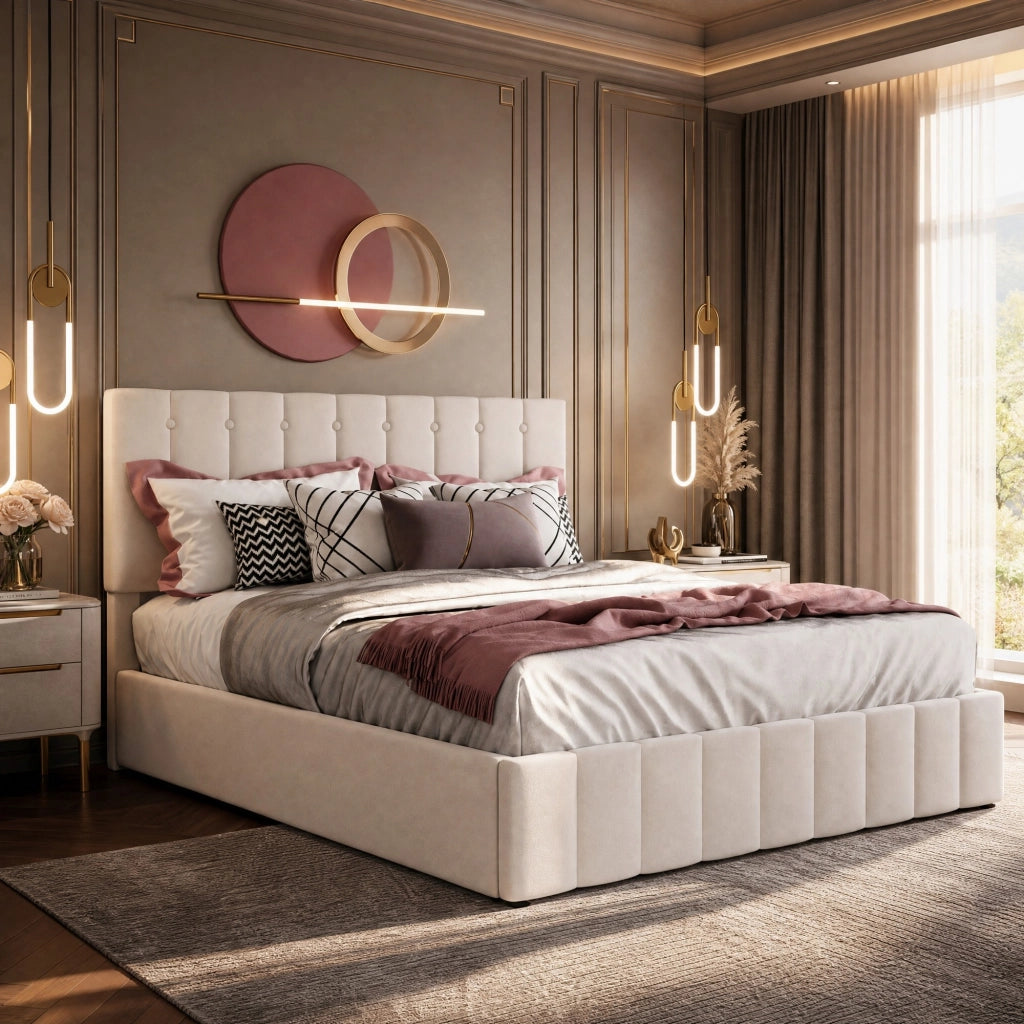 Letto matrimoniale imbottito 140x200 cm con contenitore idraulico; velluto crema