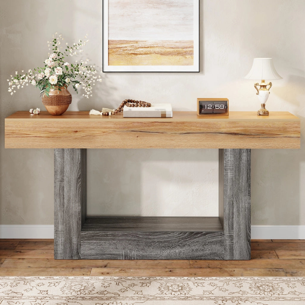 Consolle con ripiano inferiore e struttura a U, in truciolare effetto legno, naturale, 160 × 30 × 82,5 cm