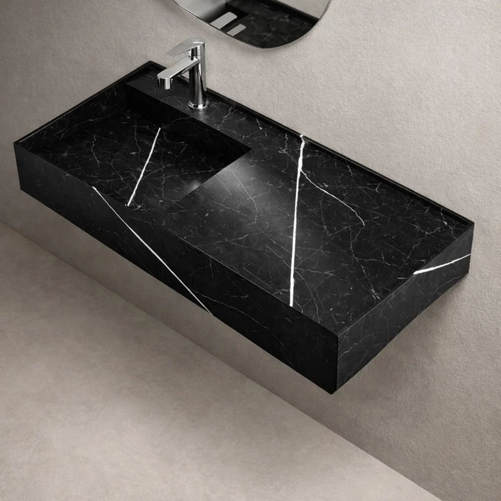 Lavabo consolle sospeso astrid artificial stone nero e bianco venato elegante moderno *** finitura- nero, confezione 1