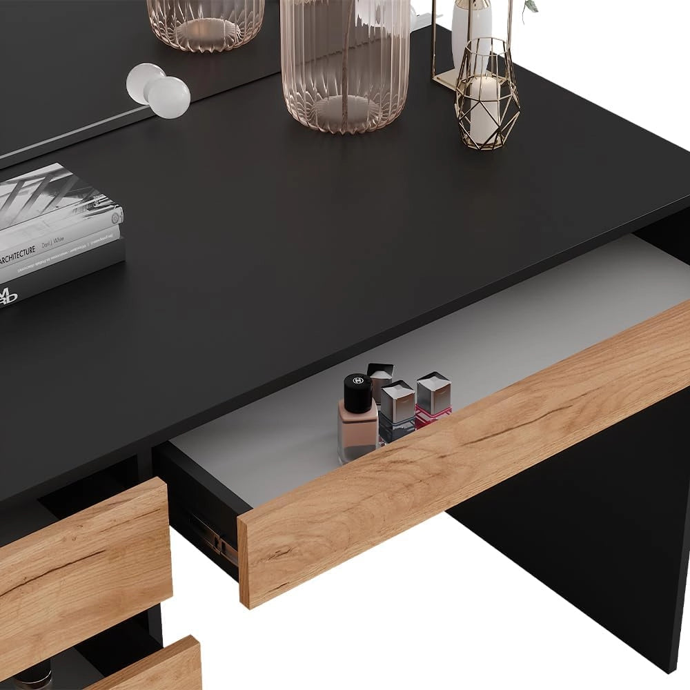 Tavolo da toilette Sherry, Antracite/quercia dorata, 120 x 75 cm con specchio e illuminazione a LED, con illuminazione LED e grande specchio rettangolare