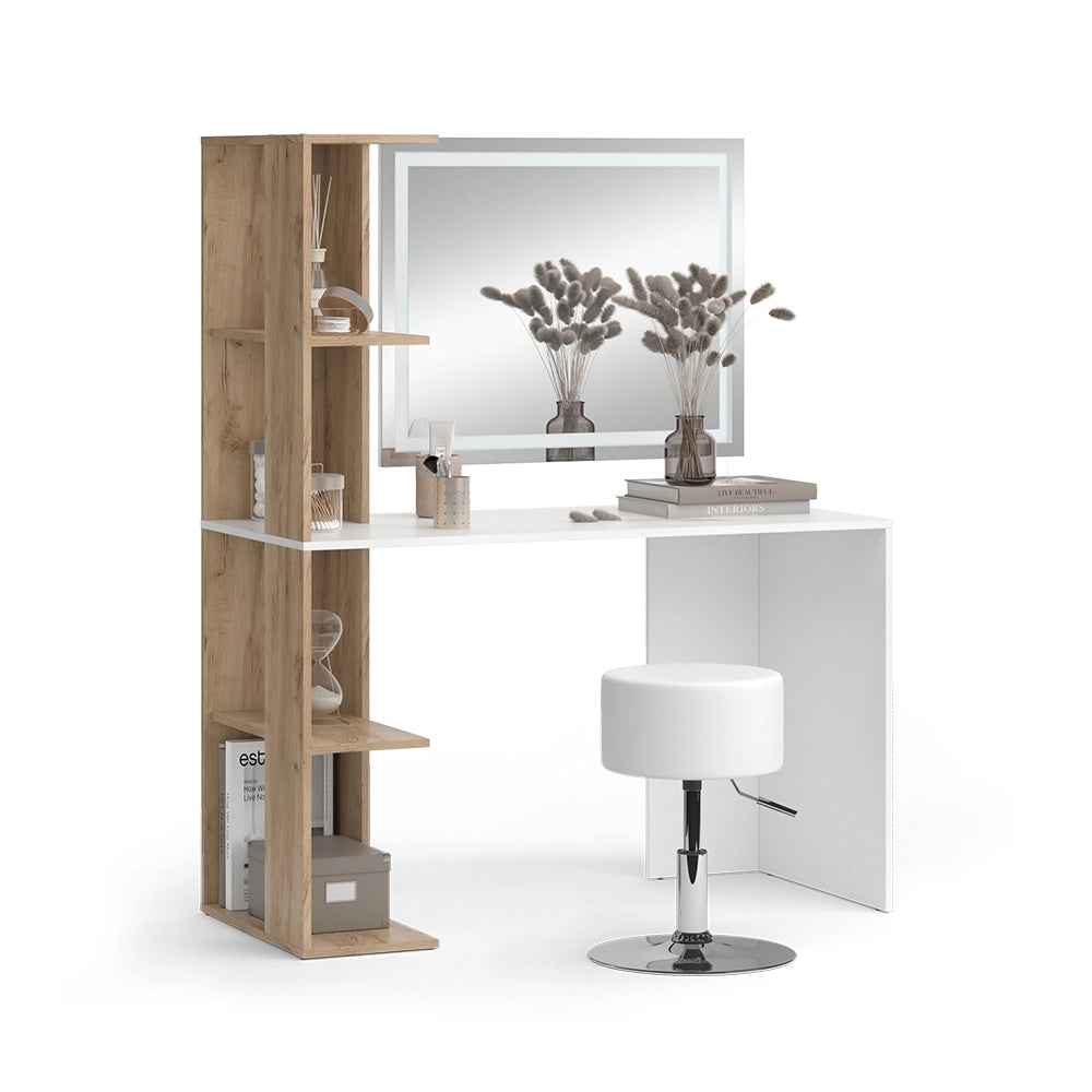 Vicco Tavolo da toeletta Bianco/Sonoma 122.2 cm con specchio LED e sgabello